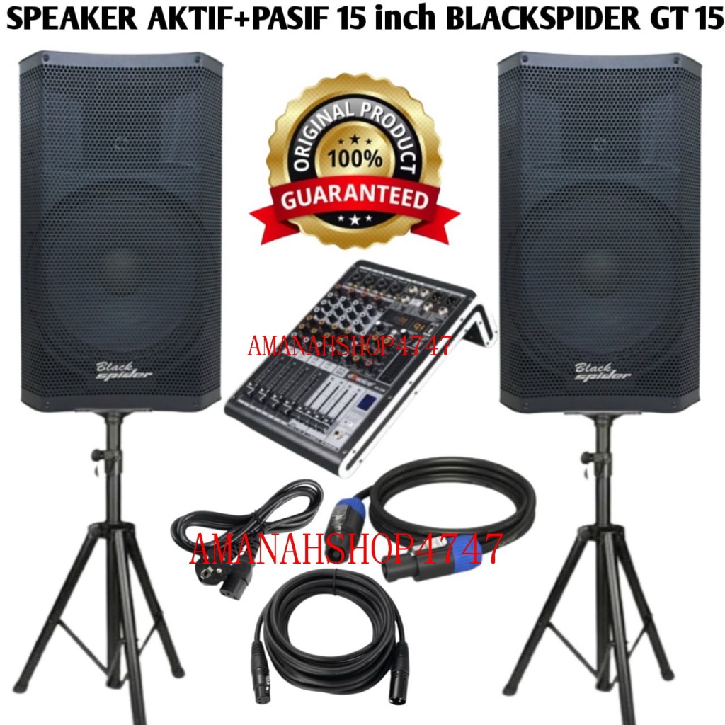 SPEAKER AKTIF PASIF  BLACK SPIDER GT15 1 PASANG 15 INCH  FREE STAND SPEAKER PLUS  MIXER 4 CHANNEL