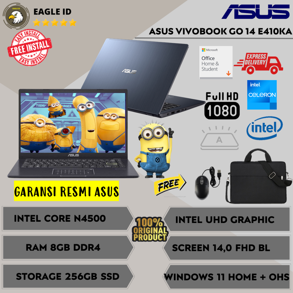 LAPTOP ASUS VIVOBOOK GO E410KA INTEL N4500 RAM 8GB 256GB SSD FHD BACKLIT WINDOWS 11 + OHS TERBARU