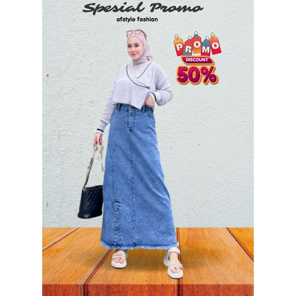 ROK JEANS PANJANG KOREAN STYLE HIJAB- ROK JEAN HIGHWAIST STREETCH WANITA - Afstyle fashion