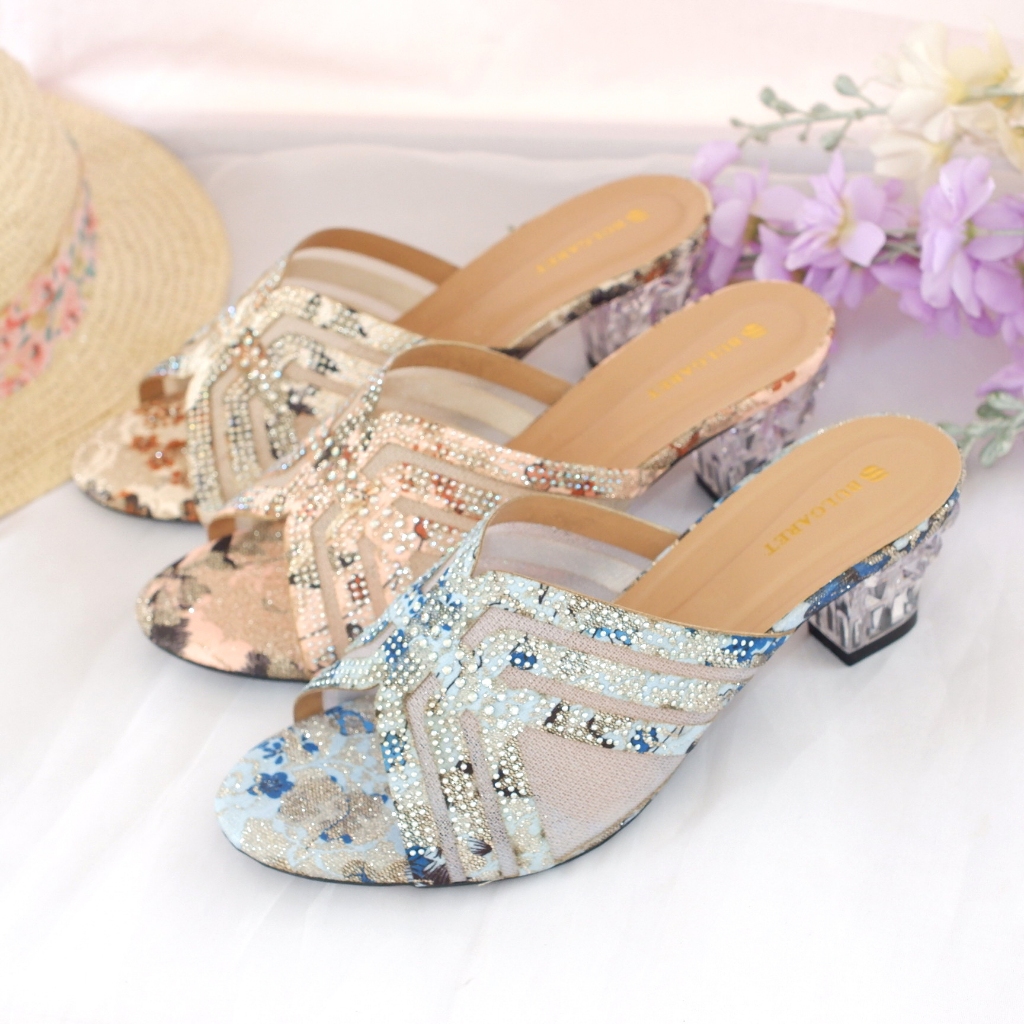 Heels Sandal Kaca Wanita 5cm Motif Bunga AIC 02