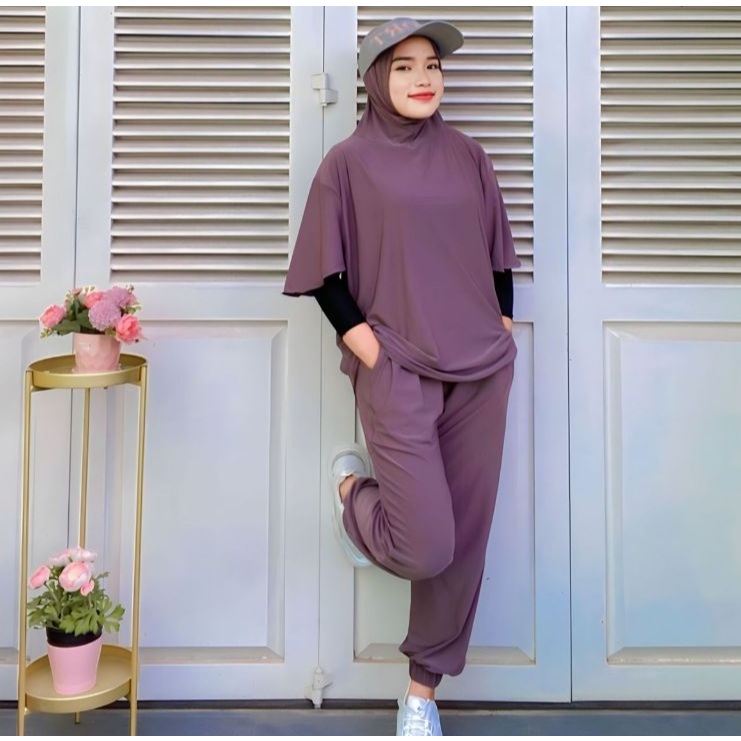 set Krudung baju dan celana - setelan Wanita olahraga muslim - one set olahraga muslim