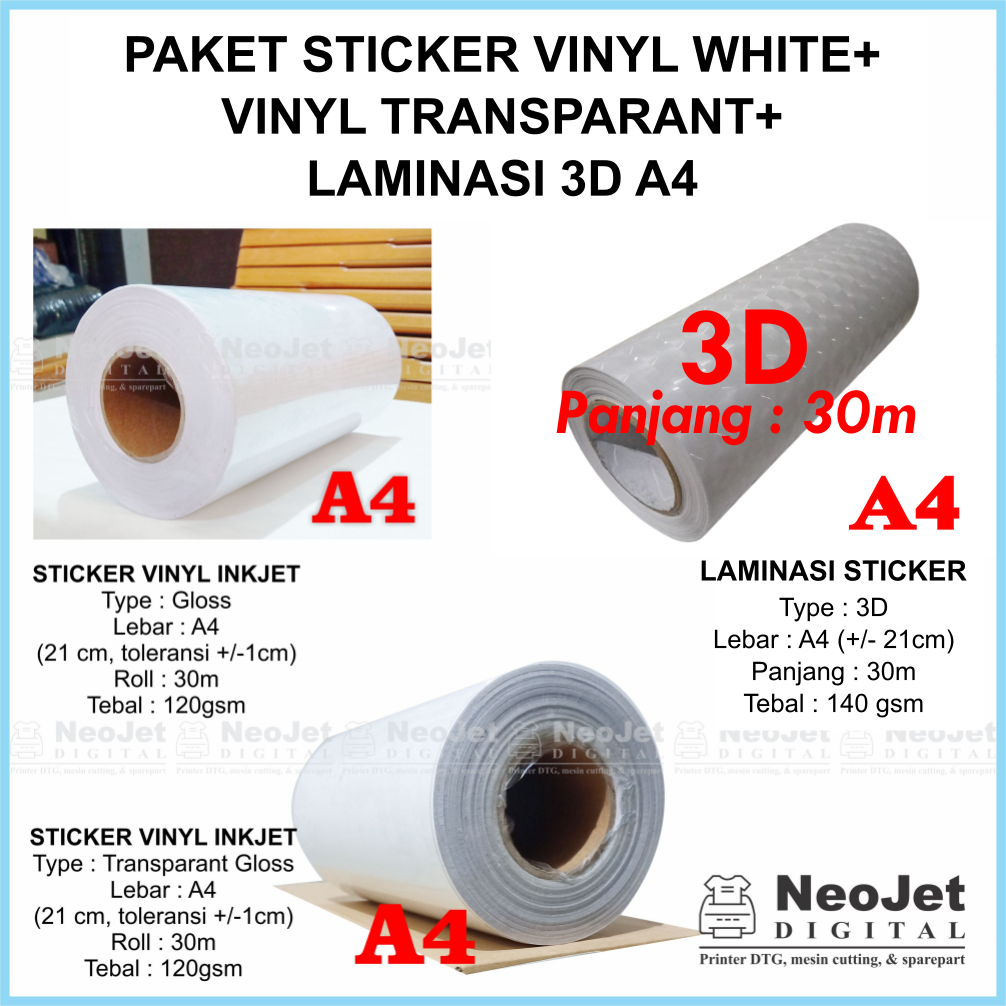 

Paket sticker vinyl inkjet putih white transparan laminasi dingin 3D lebar 21cm A4