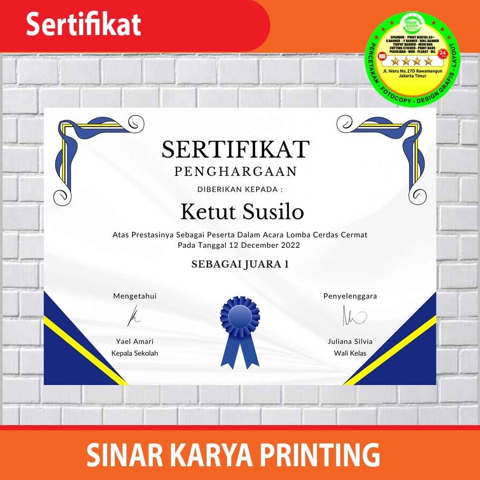 

Cetak Sertifikat Full Color Ukuran A4 - bisa Laminasi doff / Glosy