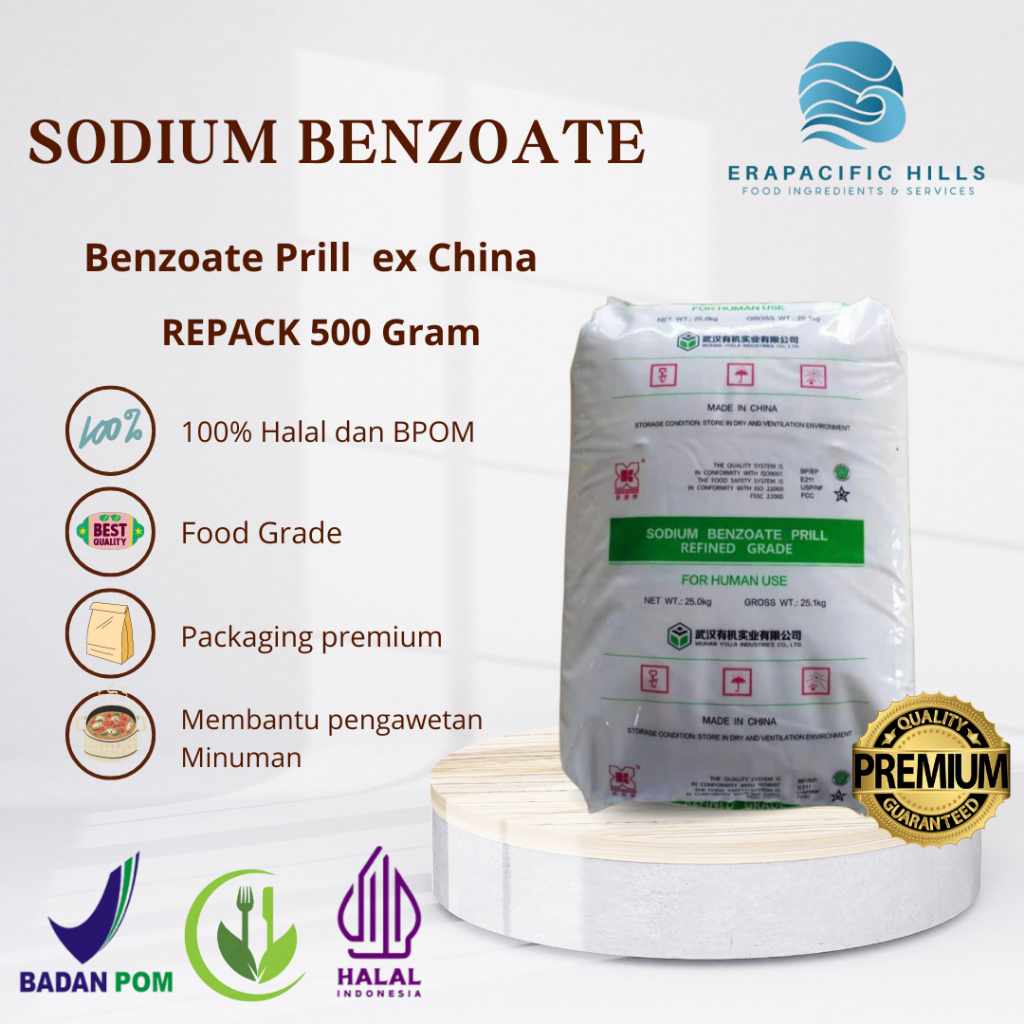 

Sodium Benzoate Prill Refined/ kualitas Setara Purox/ Repack 500 Gram/ Pengawet makanan & Minuman/ Food Grade