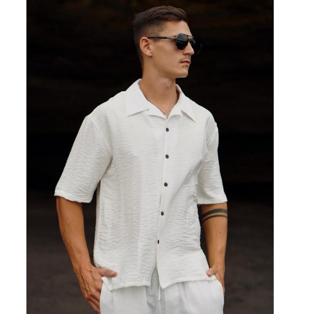 BEACHWELL Kemeja Oversized Pria Putih Hitam Polos bahan Linen polo Oversized COD Kemeja Pantai Lenga