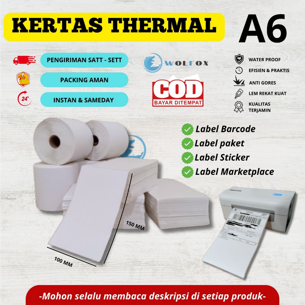 

KHUSUS GOSEND KERTAS THERMAL LABEL STICKER BARCODE UKURAN A6 100X150