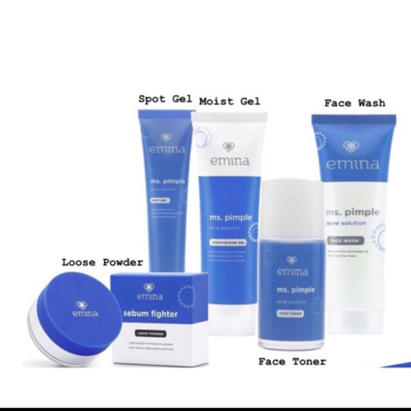 Emina ms. pimple/ facial wash, toner, serum, moisturizer, acne gel, loose powder