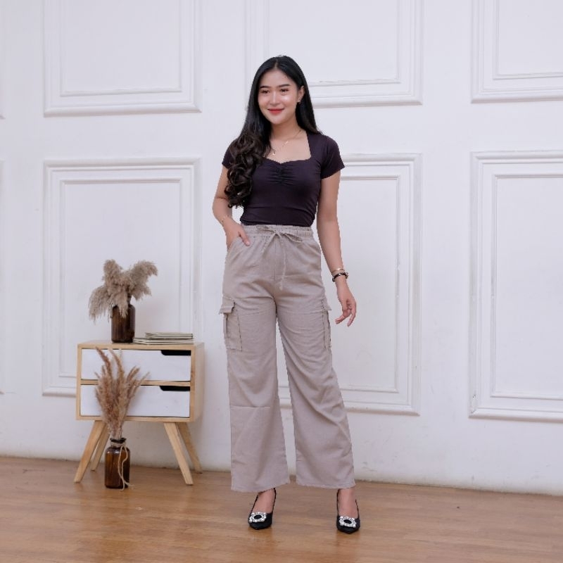 Kulot Cargo Highwist Linen-Celana Panjang Cargo Linen Crinkle Kolor Muter Wanita