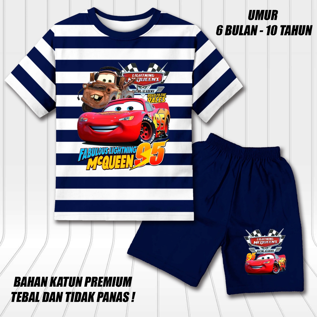 setelan salur lengan pendek anak laki laki perempuan set baju kaos pendek anak cowok motif mc queen 