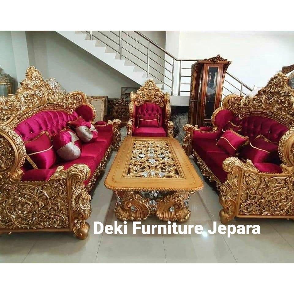 Sofa Ruang Tamu Ukir Mewah Elegan Jati Jepara Asli Ukuran Besar 1Set Terbaru 2024 Kursi Sultan Raja