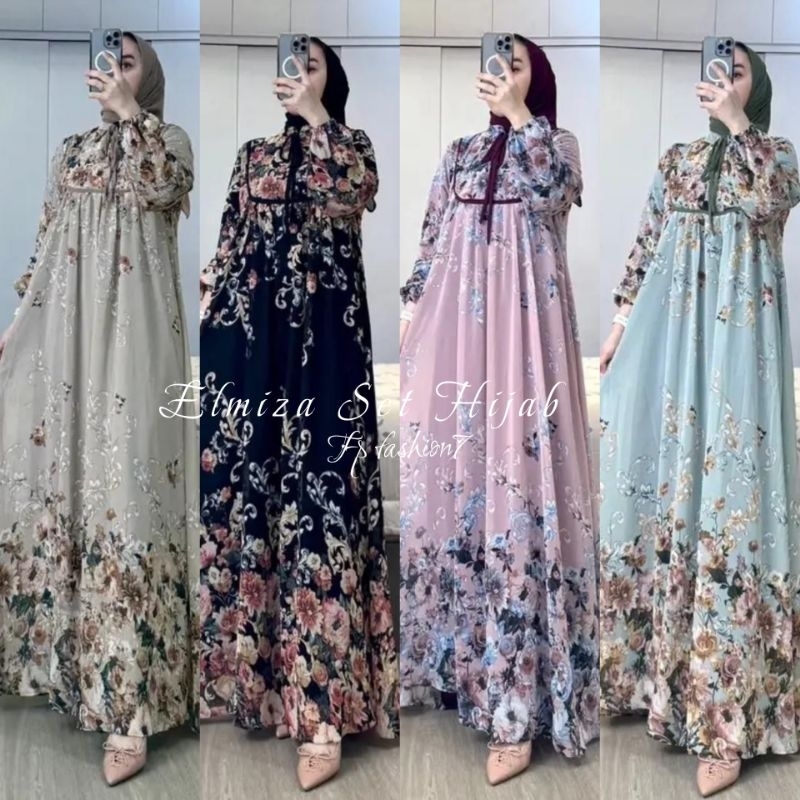 Elmiza Dress Set Hijab Gamis Wanita Kekinian Set Hijab Bahan Ceruty Terlaris Gamis Lebaran