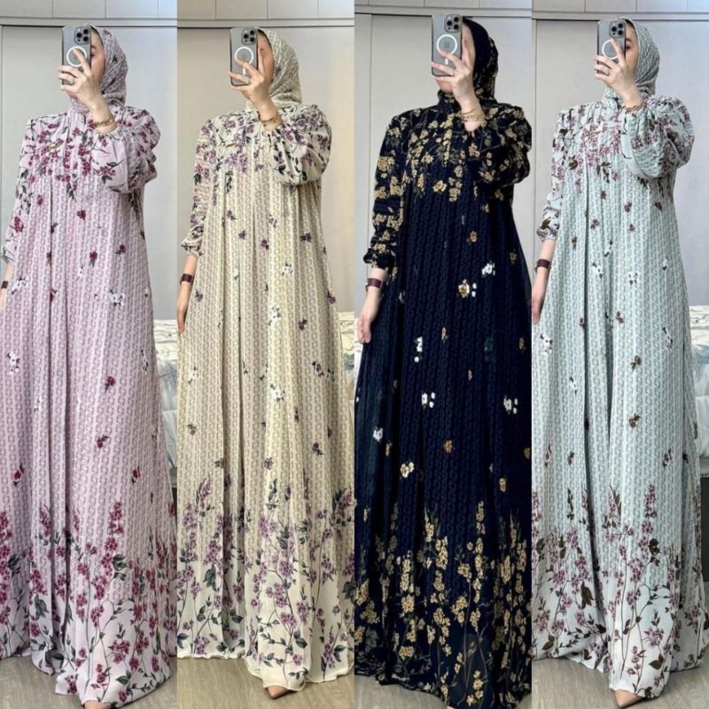 Naura Dress Set Hijab Gamis Wanita Kekinian Set Hijab Bahan Ceruty Terlaris Gamis Lebaran