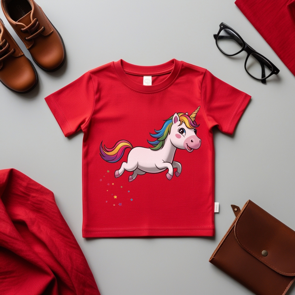 Baju Kaos Anak Perempuan Warna Merah Gambar Unicorn Kuda Poni 1-12 Tahun - Unicorn