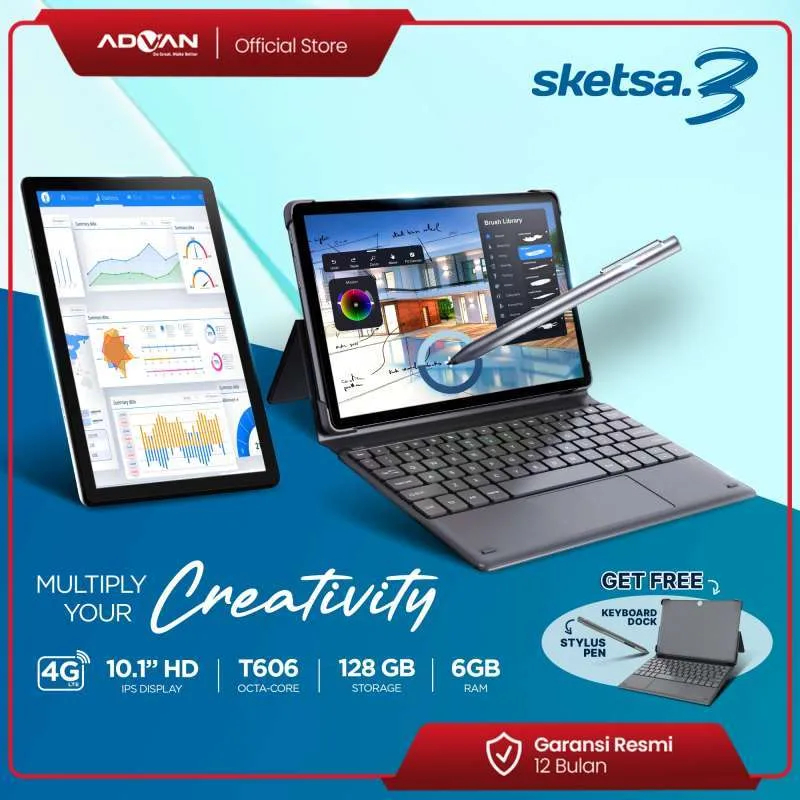 Advan Tab Sketsa 3 10.1” HD IPS 128GB+RAM 6GB Tiger T606 Android Tablet 10 inch