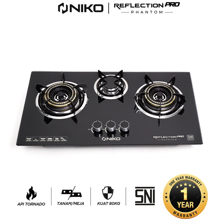 Niko Kompor Gas Tanam Kaca 3 Tungku - Pro Phantom & Next Black