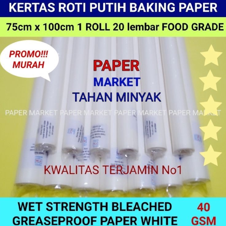 

KERTAS ROTI PUTIH GREASEPROOF PAPER WHITE 4 GSM uk 75 cm x 1cm 1roll 2 lembar BAQZY6343