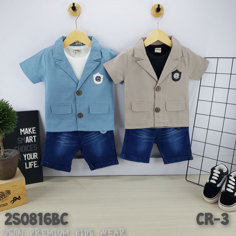 Uson Premium Kids Wear Setelan Kemeja Celana Pendek jeans size S - Size 100