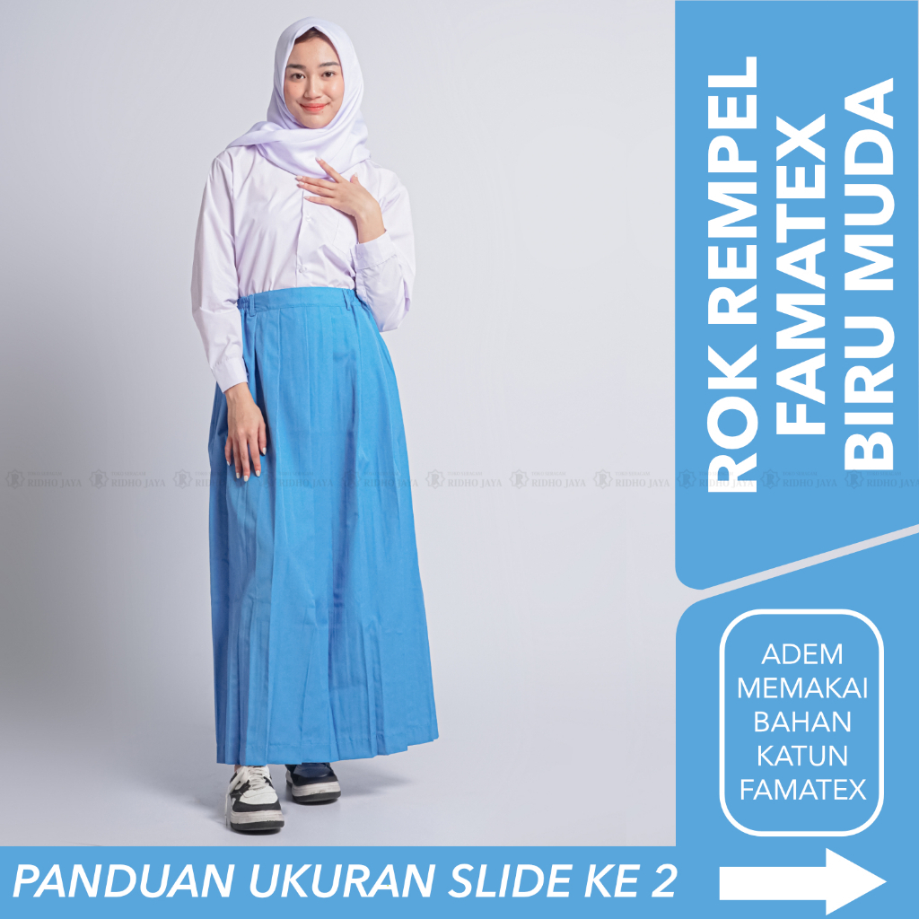 RIDHO JAYA Rok Rempel Biru Muda Panjang | Rok Rempel Seragam Sekolah SD SMP SMA | Rok Rempel Katun B