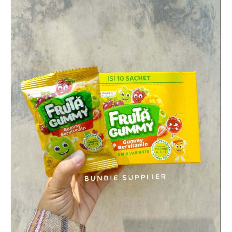 

Fruta Gummy Isi 10 Sachet x 25gr (BOX) / Gummy Bervitamin Ekstrak Buah