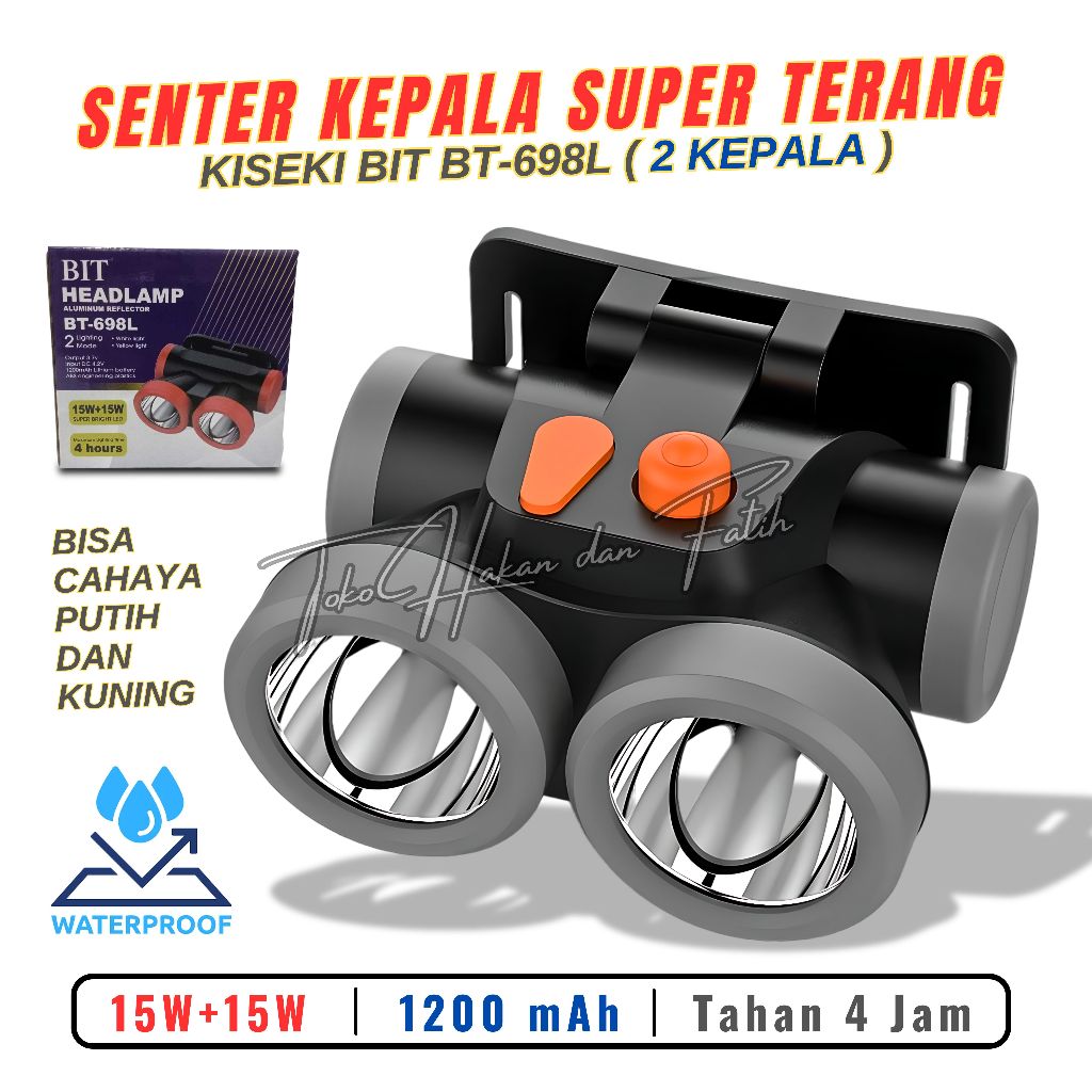 Kiseki Senter Kepala BT-698L 15W+15W 2 Lighting Mode Cahaya Putih dan Kuning | senter kepala kiseki 