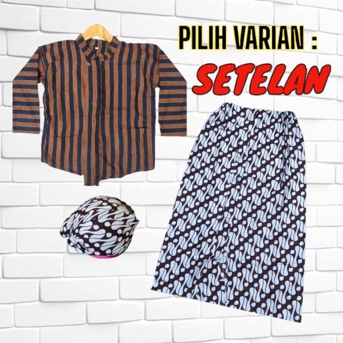 Setelan Surjan Lurik Anak // Baju + Rok Batik Putih + Blangkon