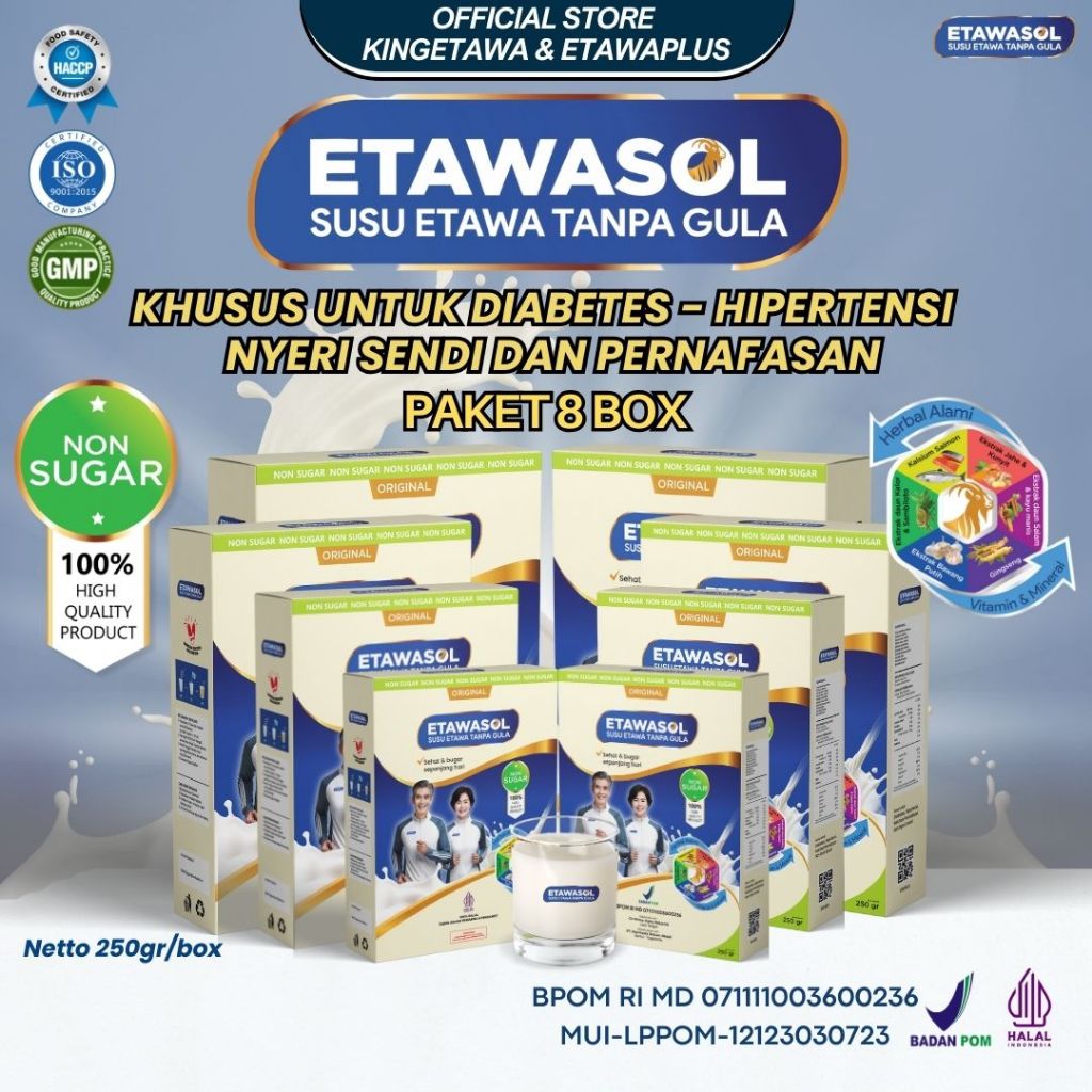 

Etawasol - Susu Kambing Etawa Untuk Atasi Gula Darah, Hipertensi, Nyeri Sendi dan Pernafasan - 8 Box