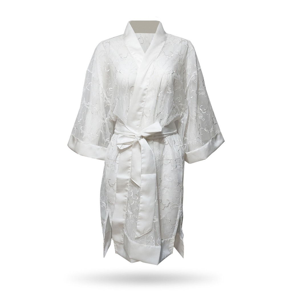 TIWIE Kimono Wanita / Baju Tidur Transparan Putih / Kimono Satin Motif Bunga - TWSWRB 01006 Free Siz