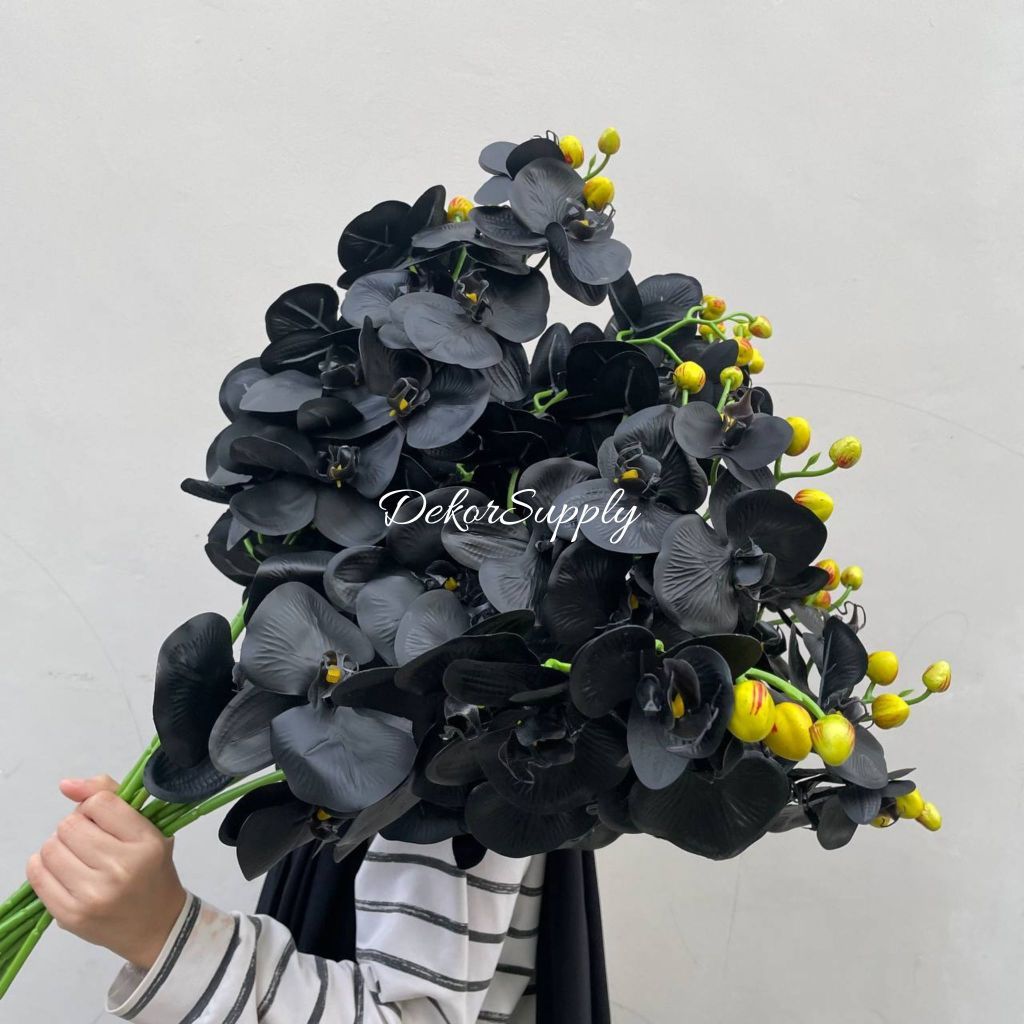 (Khusus Wilayah Batam) Bunga Anggrek Jumbo SemiLatex 9 Kuntum Artificial "BLACK EDITION" Cabang Bung