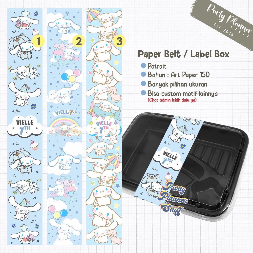 

Paper belt box bento / custom label kotak bento / paper sleeve cinnamonroll / label nasi kotak bento ulang tahun / custom label nasi kotak