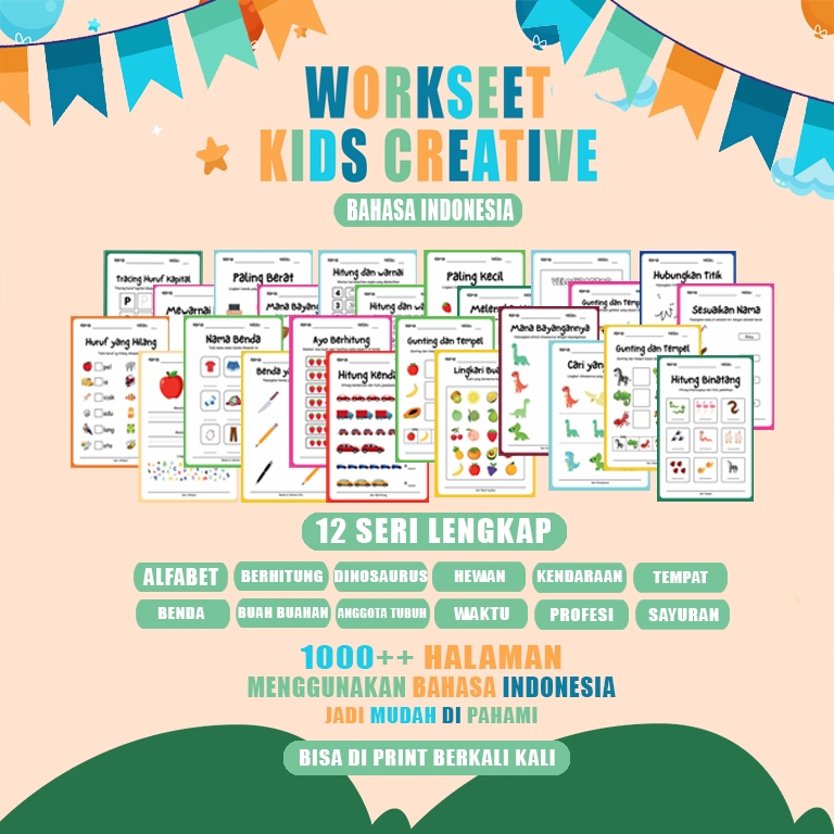 Worksheet anak buku edukasi belajar TK PAUD printable