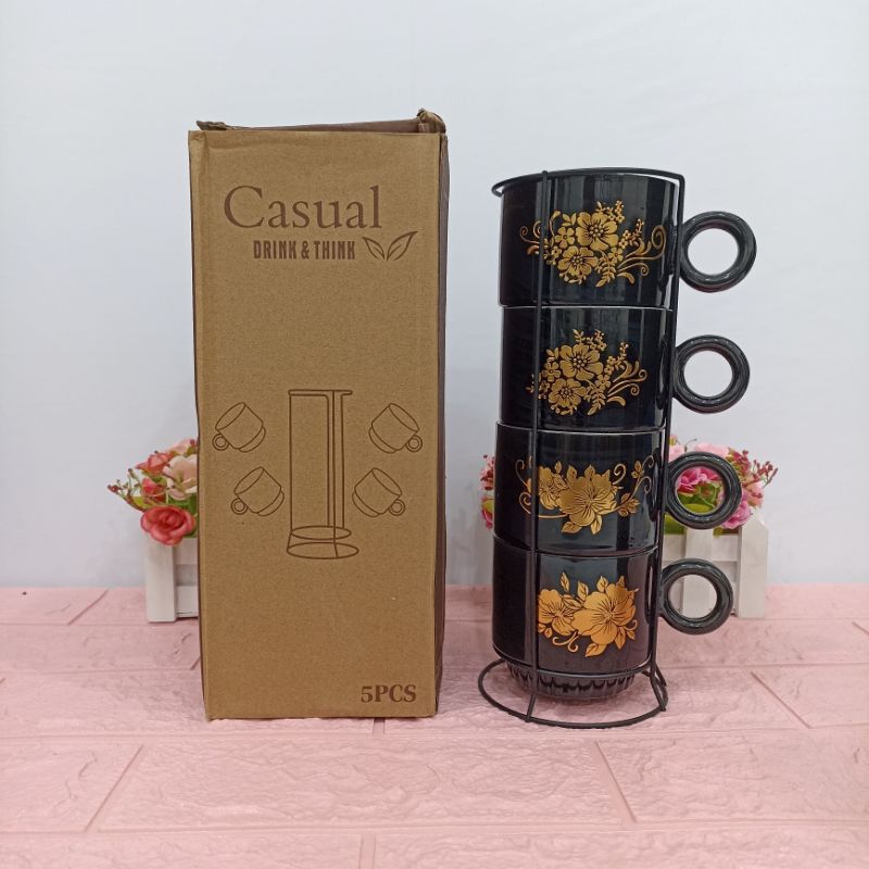 MUG 4 SUSUN KERAMIK SIZE L 250 ML MOTIF BUNGA