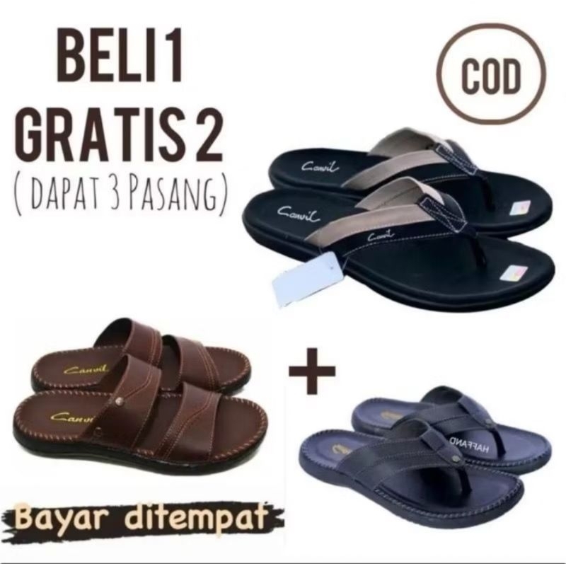 PROMO RAMADHAN BELI 1 GRATIS 2 Sandal Kulit Dapat 3 Pasang / Sandal Casual Pria / Sandal Kulit Pria 