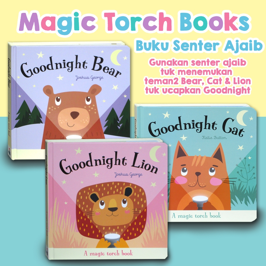 [Imagine That] Buku Senter Ajaib - Magic Torch Book Goodnight Bear / Lion / Cat (use the magic torch