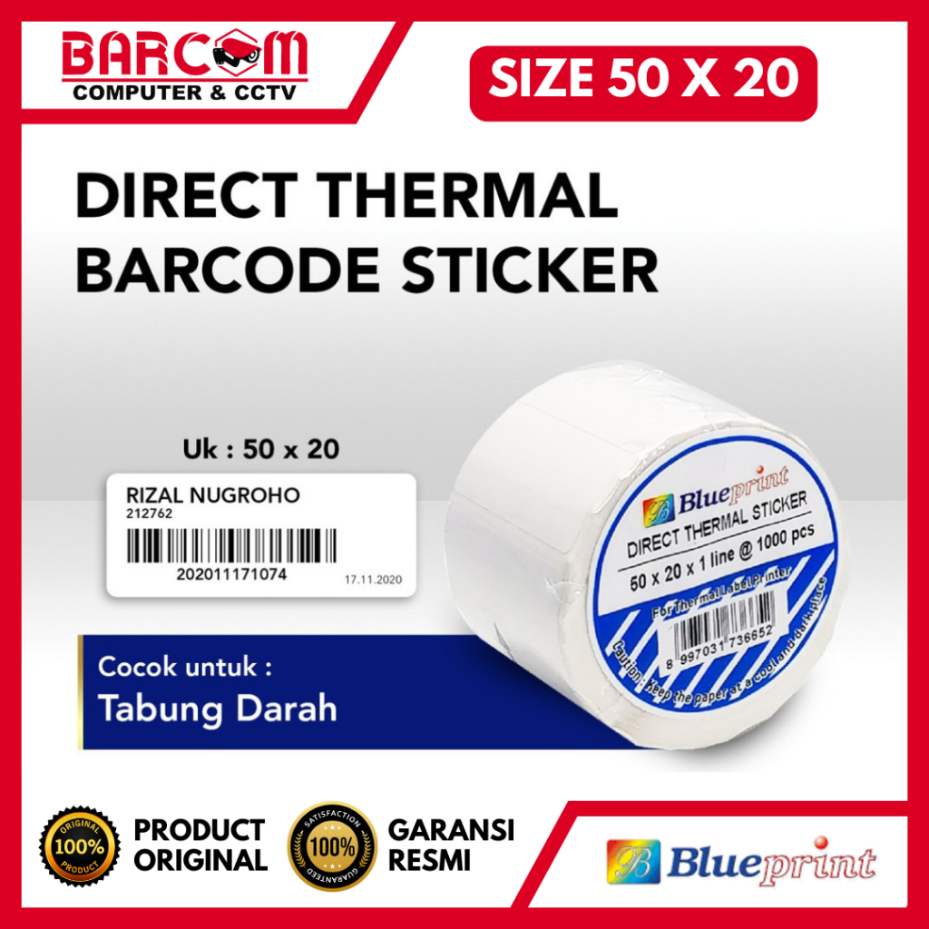 

DIRECT THERMAL STICKER KERTAS LABEL STIKER BLUEPRINT 50x20 Isi 1000 1 Roll - ORIGINAL BLUEPRINT