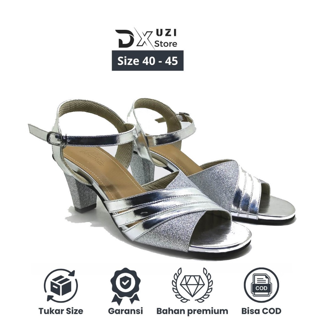 Genanita Big Size | Sandal Wanita Silver Sendal Heels Pesta Wedding Casual Ukuran Jumbo