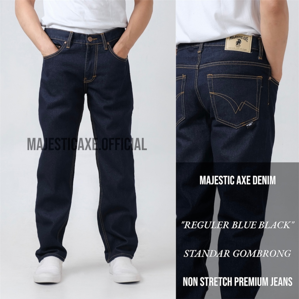 MAJESTIC AXE - Celana Jeans Standar Reguler Blue Black Garmen Dark Blue Pria Loose Fit Jumbo Gombron