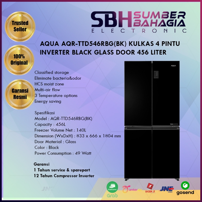 AQUA AQR-TTD546RBG(BK) KULKAS 4 PINTU INVERTER BLACK GLASS DOOR 456 LITER 49 WATT 833 X 666 X 1.804 