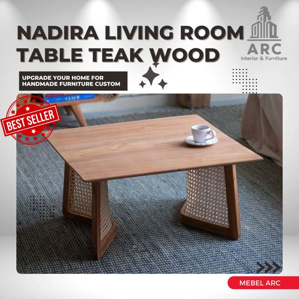 Meja Ruang Tamu Modern Kayu Jati Kombinasi Rotan / Meja Tamu Minimalis Unik