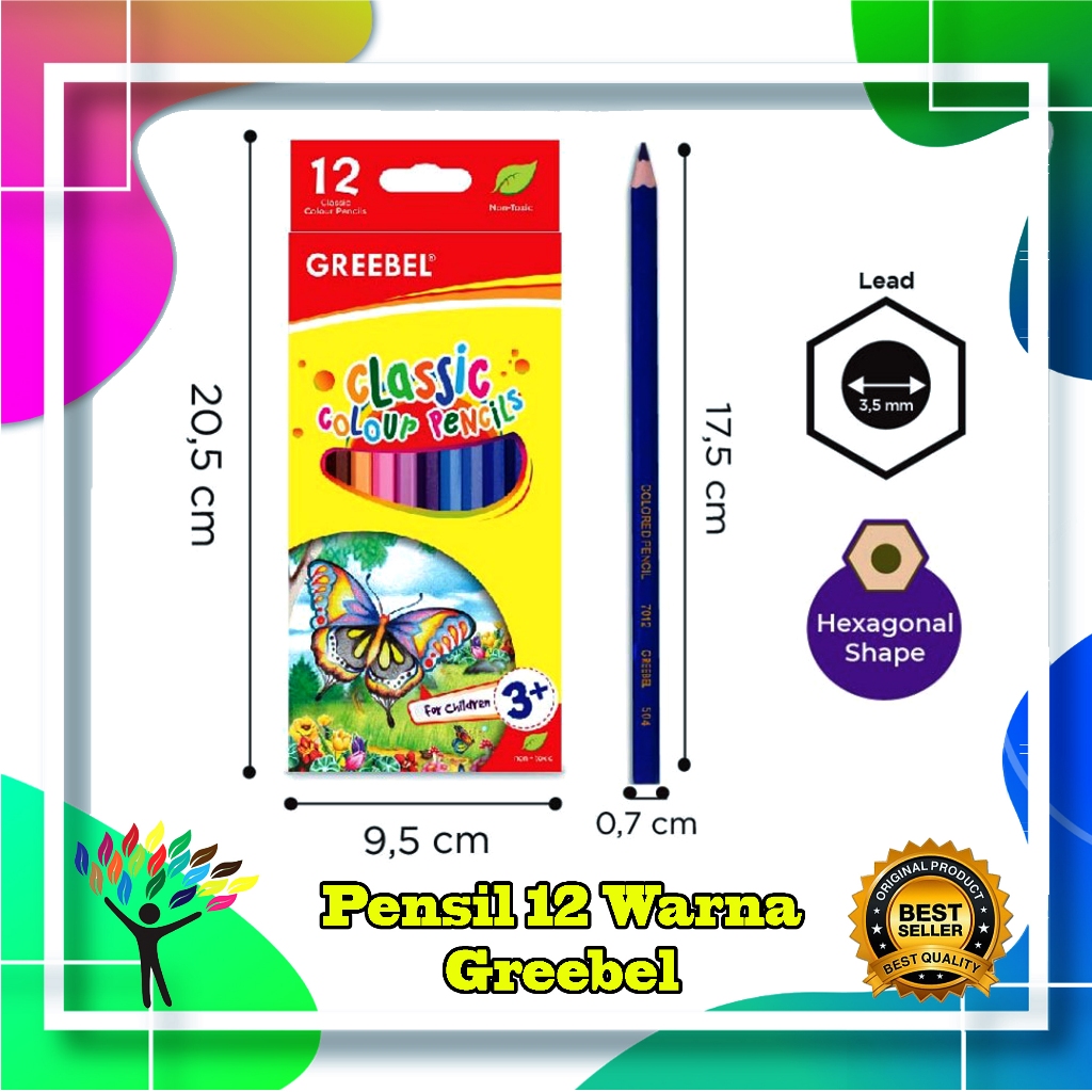 

GREEBEL Pensil Warna (7012) Classic Color Pencils 12 Warna Panjang / Coloring / Pencil warna Grebel / Pensil warna Aman untuk Anak