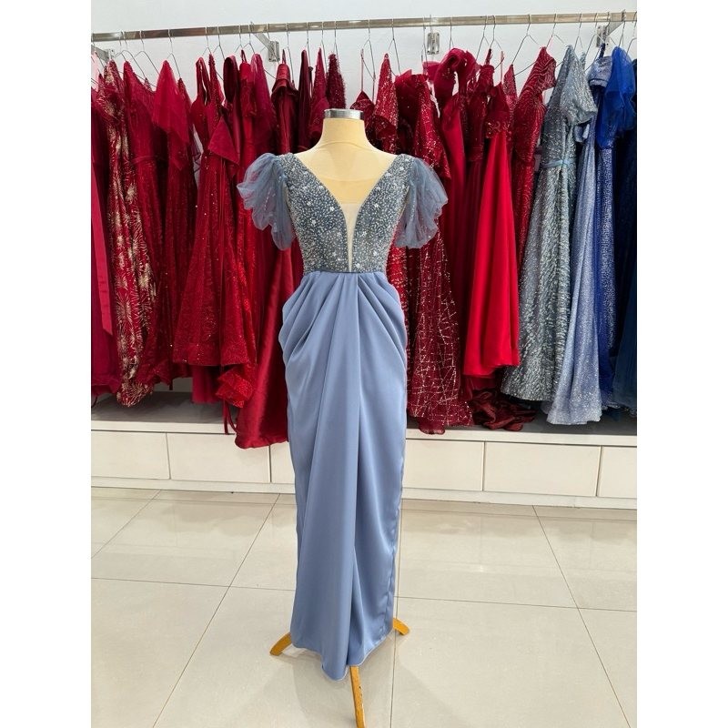 party dress dusty blue lengan gaun pesta biru