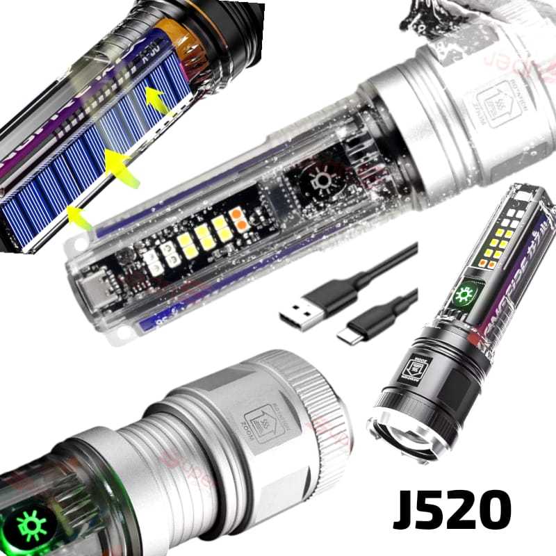 J520 ORIGINAL LAMPU CAS POWER BANK PB SENTER LED LASER ZOOM POWERBANK TYPE C MULTIFUNGSI SENTER