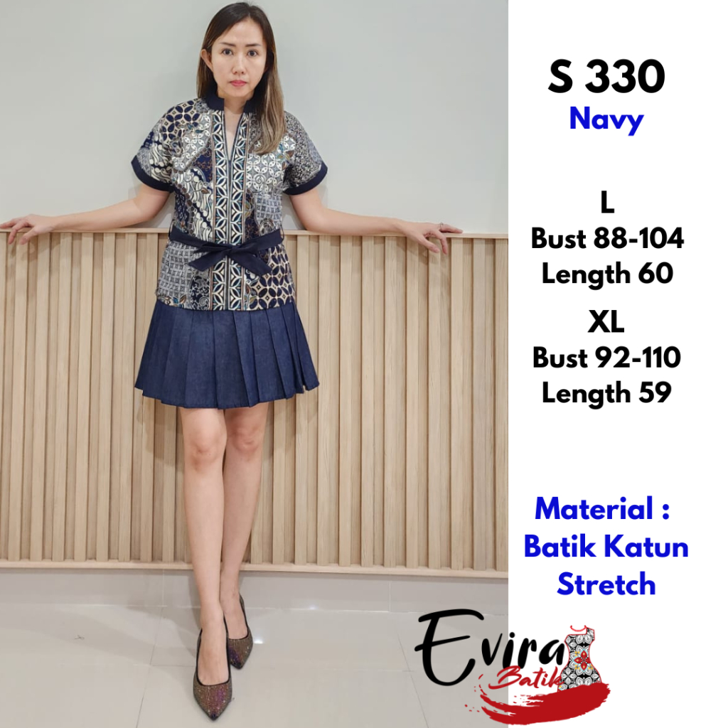 Blouse Batik Fashion Wanita Modern S 330 Navy Atasan Elegan Casual Kekinian Kerja By Evira Batik