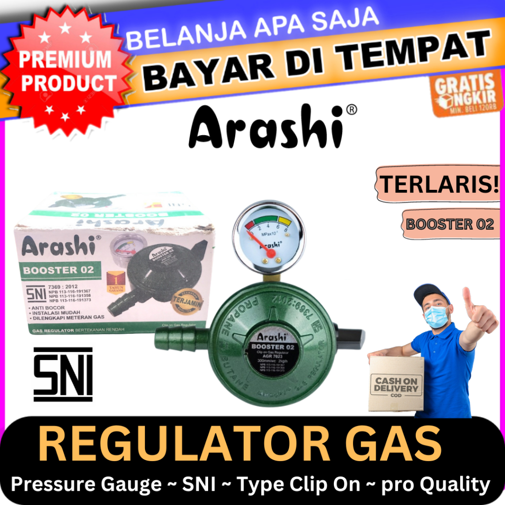 Gas LPG Regulator dengan Pressure Gauge Arashi Booster 02 AGR 7023 Anti Bocor Instalasi Mudah SNI Di