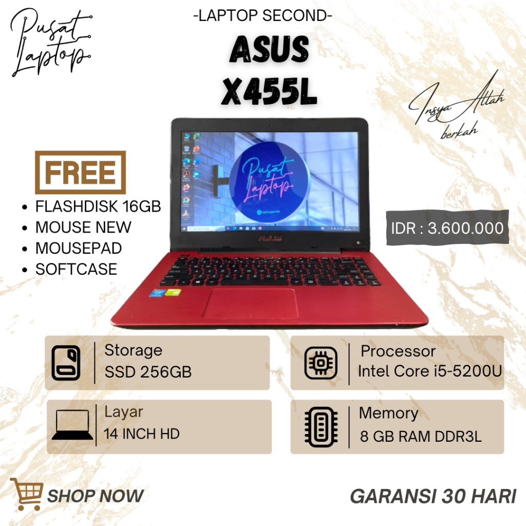 LAPTOP ASUS X455L | IIntel Core i5-5200U | RAM 8 GB | SSD 256GB | BERGARANSI