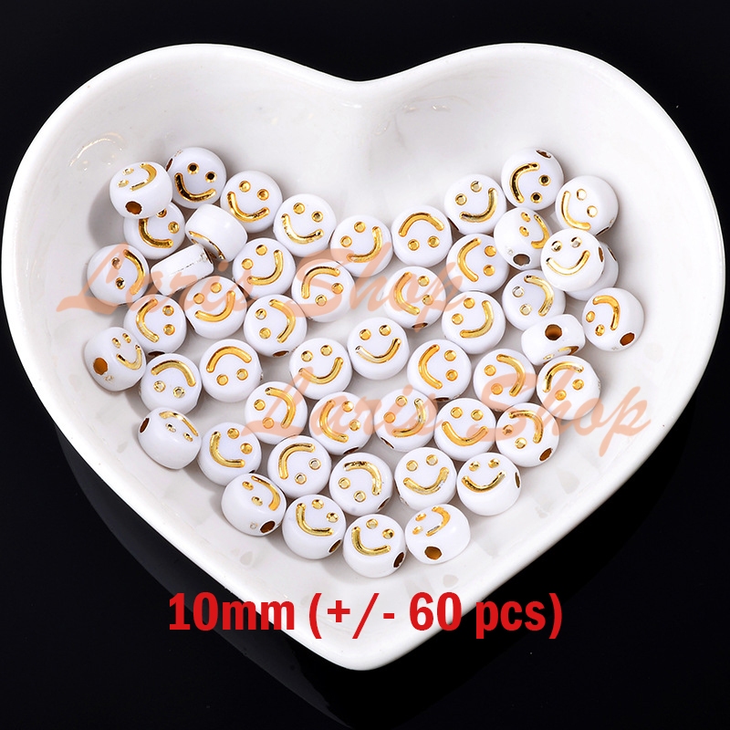 Manik Mote Smile Emoji Karakter Senyum Bulat Pipih Bahan Kerajinan Meronce Gelang Kalung Putih Emas