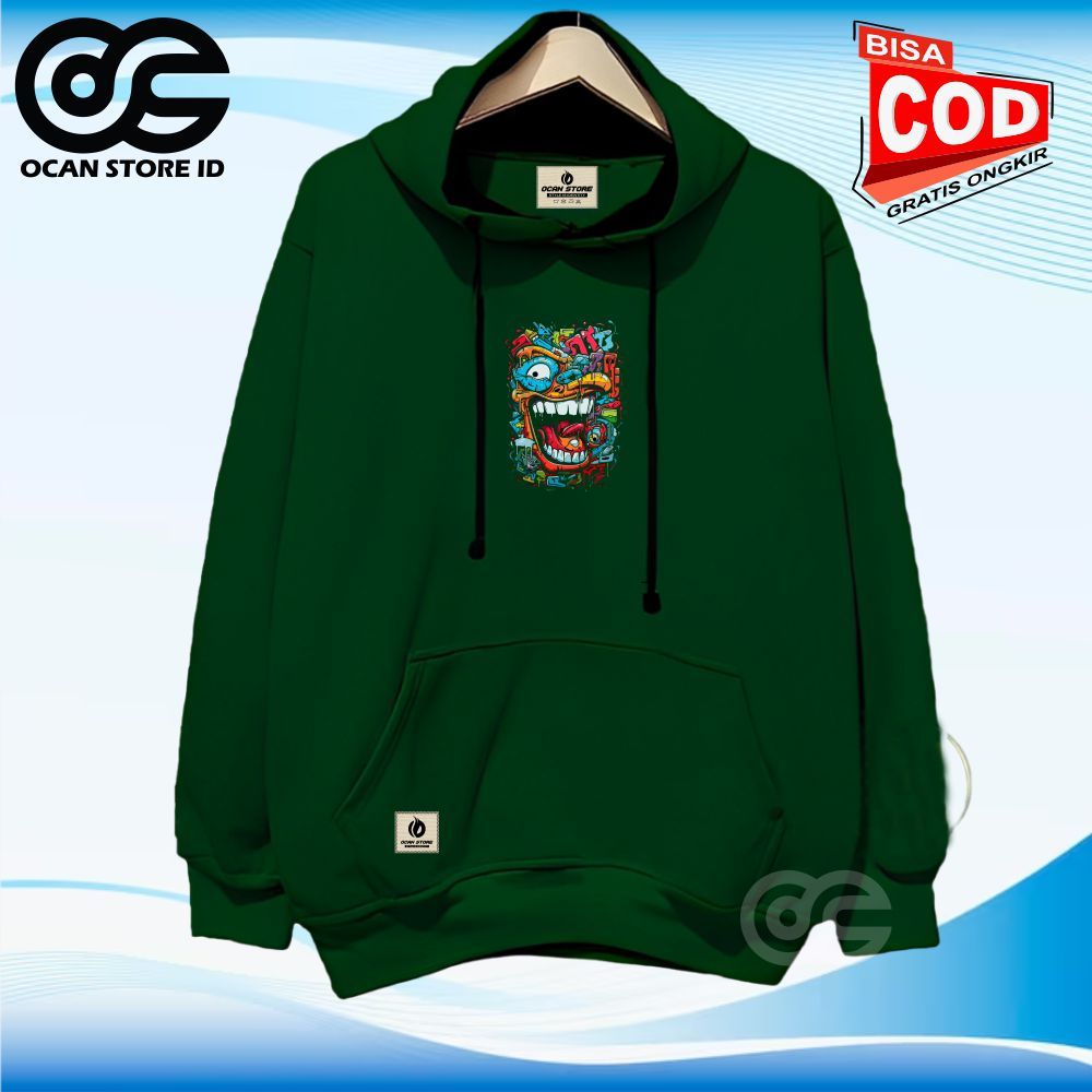 Ochan Sweater Hoodie Pria Wanita Warna Hijau Botol Anime Bahan Fleece Tebal Adem Unisex Hudie Cowo