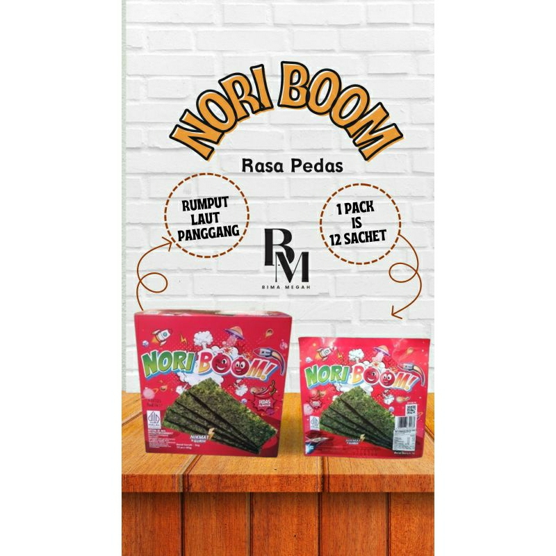 

Nori Boom Rumput Laut rasa Pedas 1 box isi 12 sachet / Rumput Laut Nori Boom Pedas Seaweed 3 gram per sachet