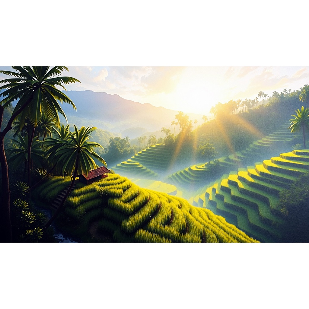 Lukisan Terasering Sawah di Ubud Bali Saat Pagi yang Indah
