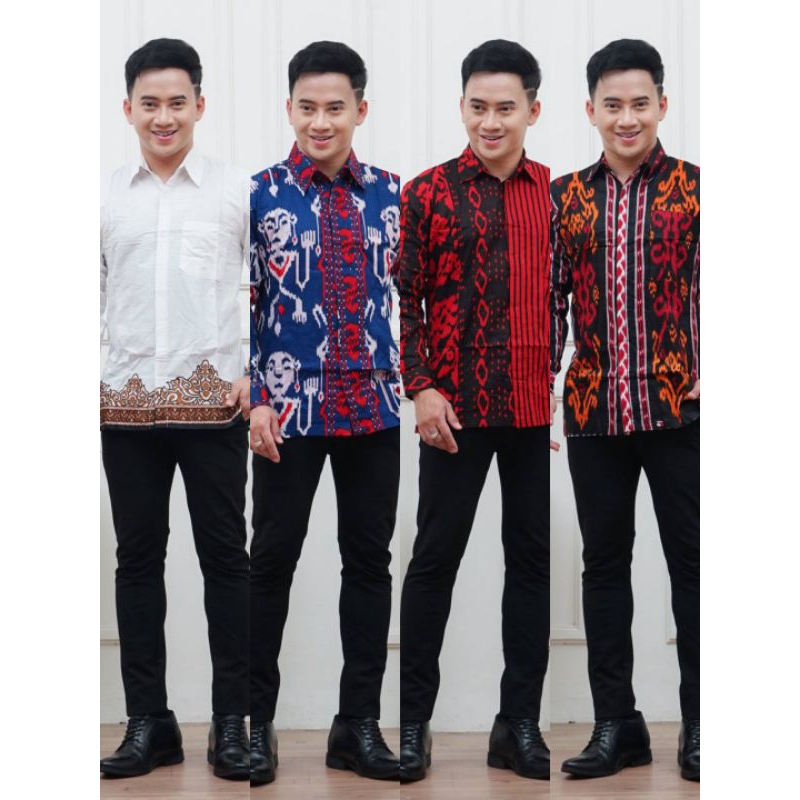 Baju Batik Pria Lengan Panjang Putih Kombinasi Batik Dayak Songket Toraja Kemeja Lurik Katun Halus