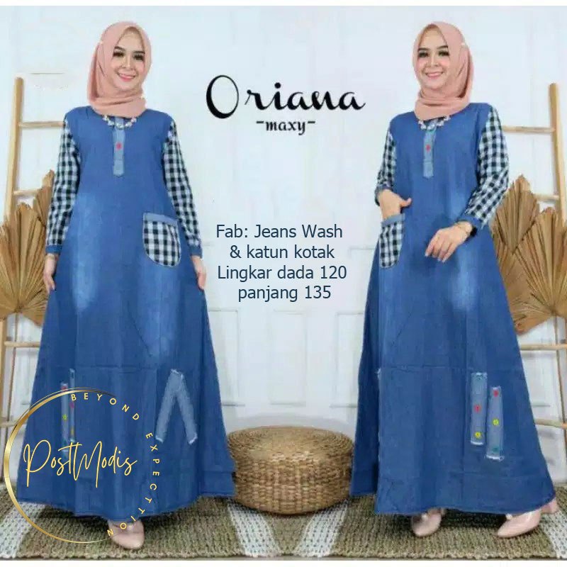 Oriana Maxy Jeans Mix Katun Busana Muslim Wanita Jumbo Dress Panjang Br Terlaris